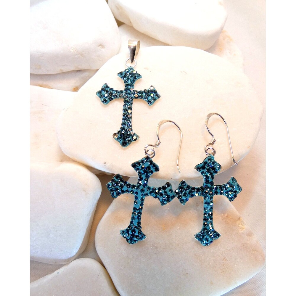 VTG Sterling Silver 925 Blue Rhinestone Cross Pendant Earring Set Light Weight